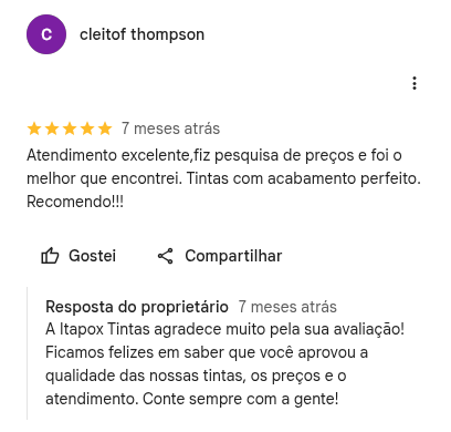 Avaliação 5 estrelas de Cleitof Thompson no Google: atendimento excelente, melhor preço e acabamento perfeito.