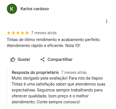 Avaliação 5 estrelas de Karlos Cardoso no Google: ótimo rendimento, acabamento perfeito e atendimento rápido. Nota 10.